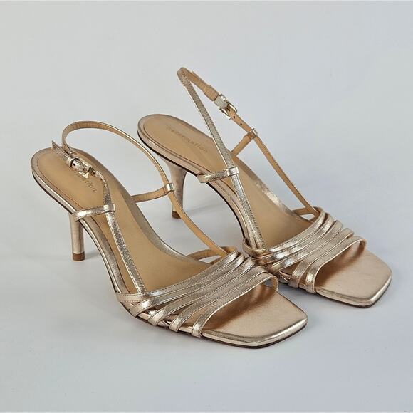 Reformation Elsie Heeled Sandal Size 7 Metallic Gold Strappy Slingback - Picture 4 of 12